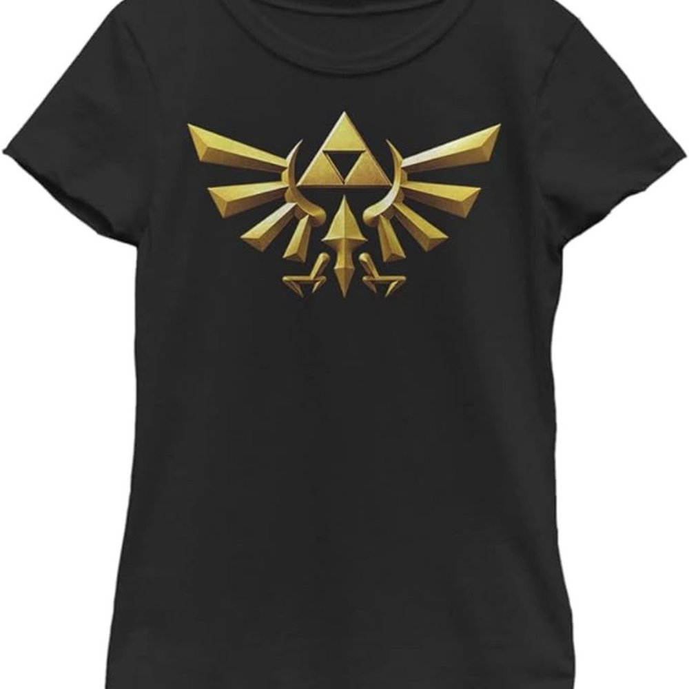 NINTENDO Zelda Hyrule Crest Golden Triforce Black T-Shirt XL 14/16 NEW Girls